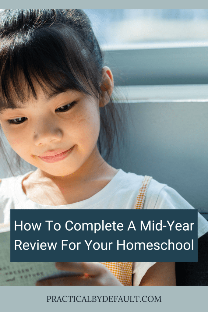 child reading a book, text says How To Complete A Mid-Year Review For Your Homeschool