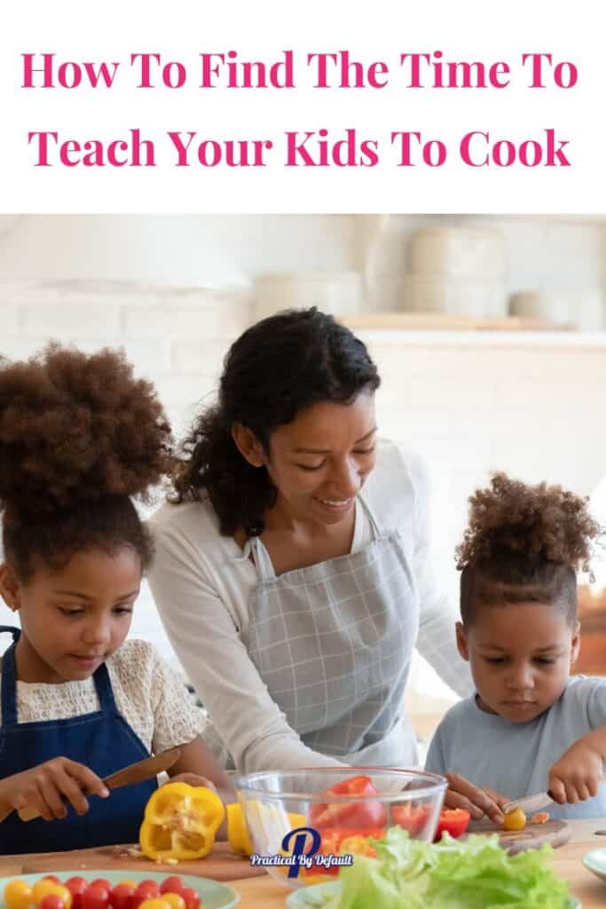 mom with two girls teaching them how to cook