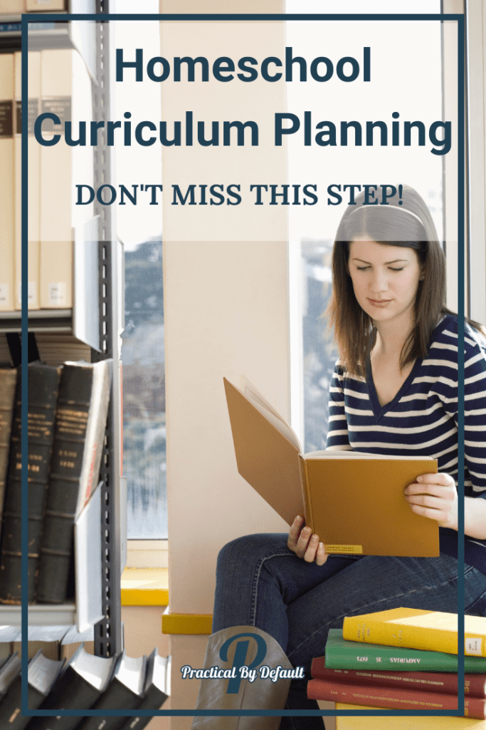 woman sitting on books, homeschool curriculum planning
