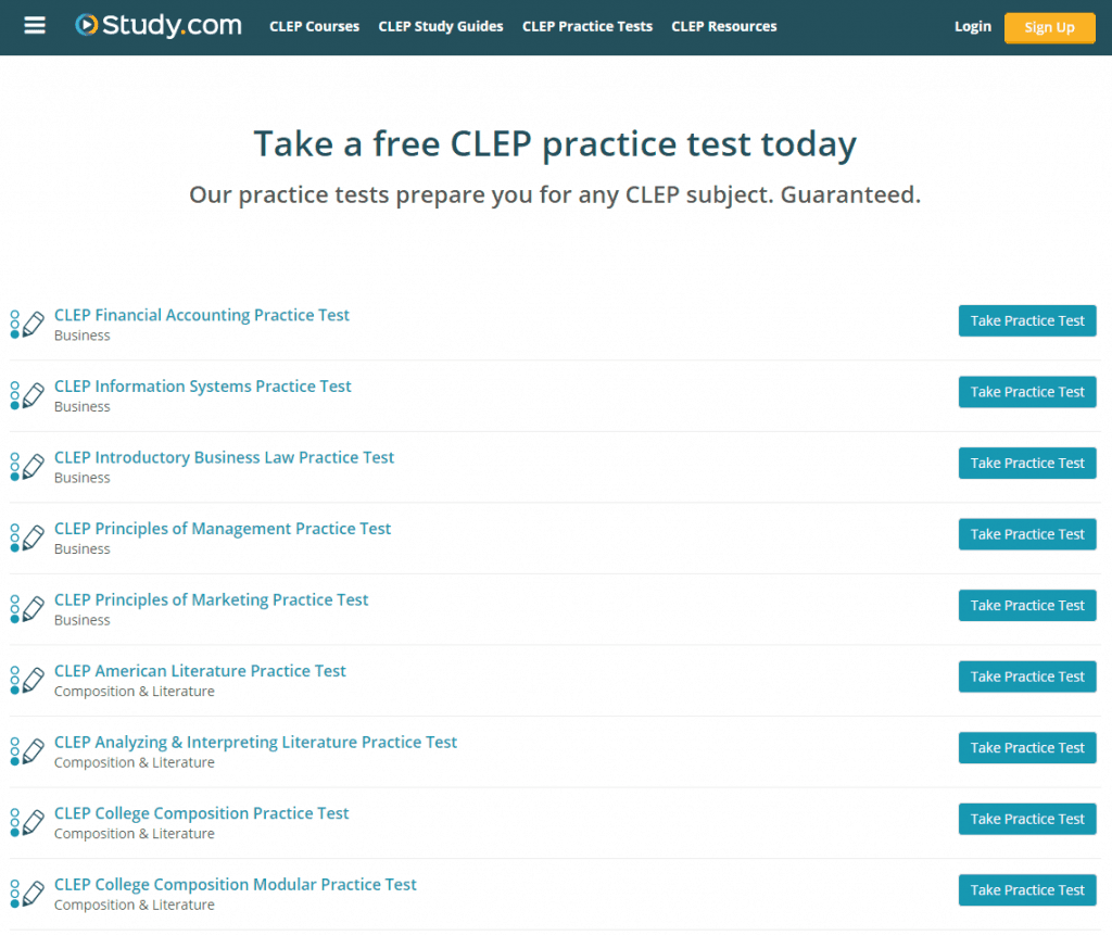 Lists of practice CLEP tests from Study.com