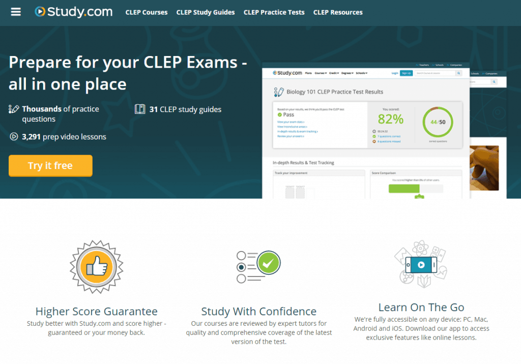 Study.com Homepage shown CLEP Homeschool