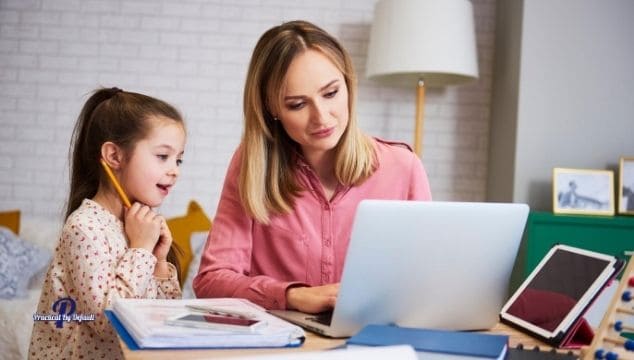 a mom and daughter sitting at a computer. She is getting ready to plan as she will work full time and homeschool. 