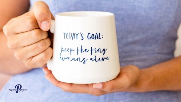 Mom holding mug with a quote for new homeschool moms