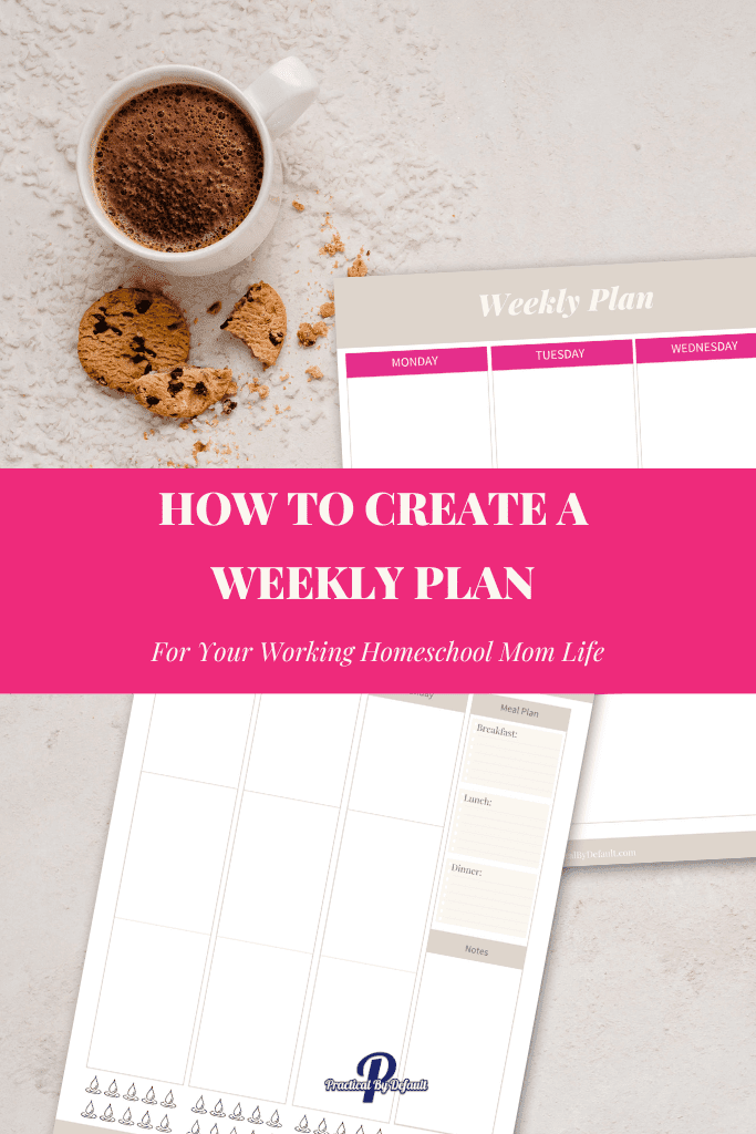 Coffee and a cookie with two weekly plan pages shown on a table