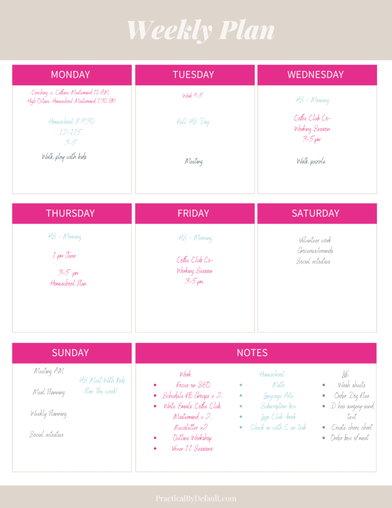 One page weekly schedule example 