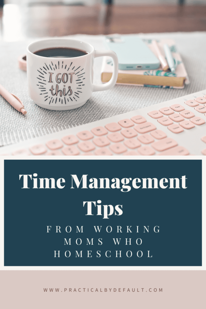 Coffee Cup and keyboard on a desk, time management tips from working moms