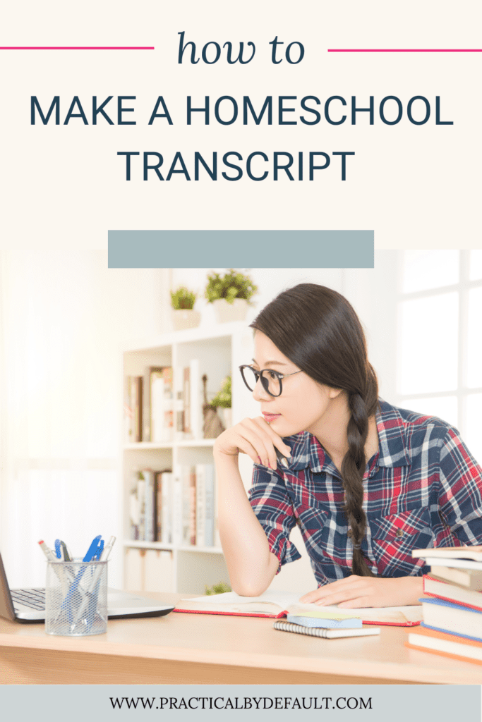 woman at a table, with computer and books how to make a homeschool transcript