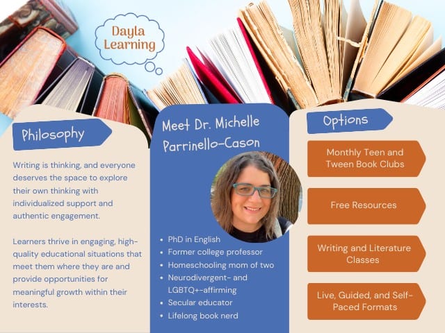 Promotional graphic for Dayla Learning featuring three key sections. On the left, 'Philosophy' highlights that writing is thinking and everyone deserves space for personalized engagement. In the center, 'Meet Dr. Michelle Parrinello-Cason' introduces her with a photo, noting her credentials as a PhD in English, former college professor, and a secular, neurodivergent- and LGBTQ+-affirming homeschooling mom. On the right, 'Options' lists Dayla Learning's offerings including monthly teen and tween book clubs, free resources, and various formats of writing and literature classes.