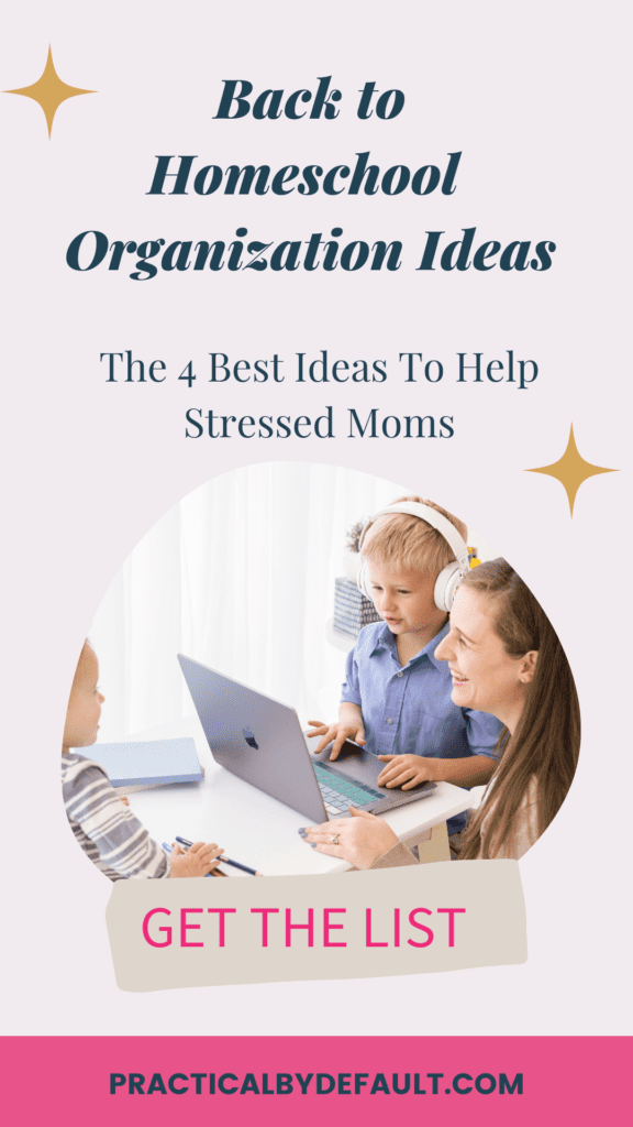 Pin image: working mom with two small children. One child has a computer and one is playing with colored pencils at a table. The article is about back to homeschool organization. 