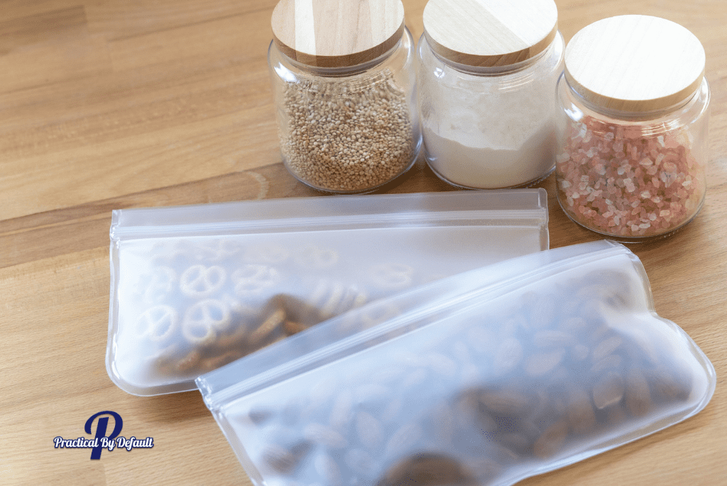 almonds and pretzels in a clear, reusable ziplock bag. A side of some homeschool lunch ideas. 