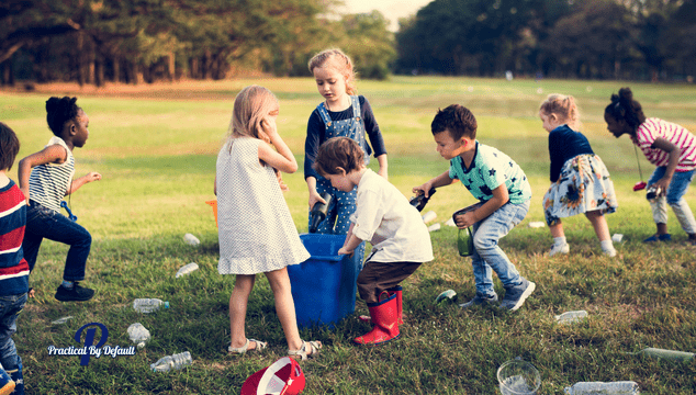 Homeschooling and socialization kids learning to pick up trash together