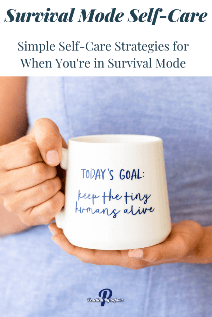 Pin image text says Simple Self-Care Strategies for When You're in Survival Mode coffee cup says keep the tiny humans alive