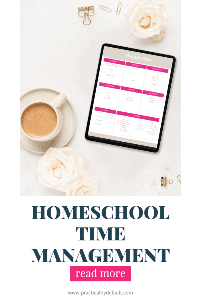 Coffee and weekly homeschool plan on a tablet
