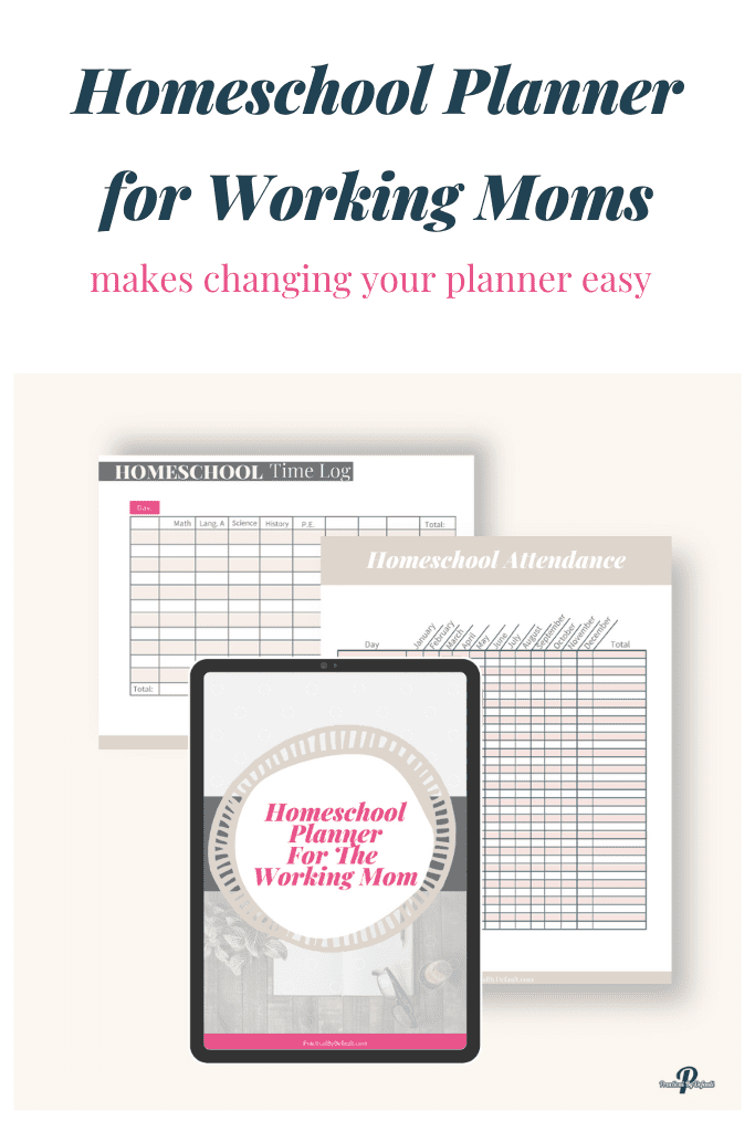 Homeschool planner for working moms shown on a tablet and pages