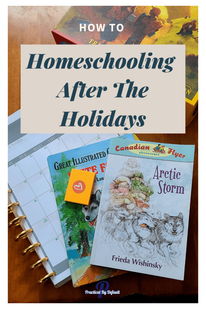 books, planner and a game on a table all used for homeschooling