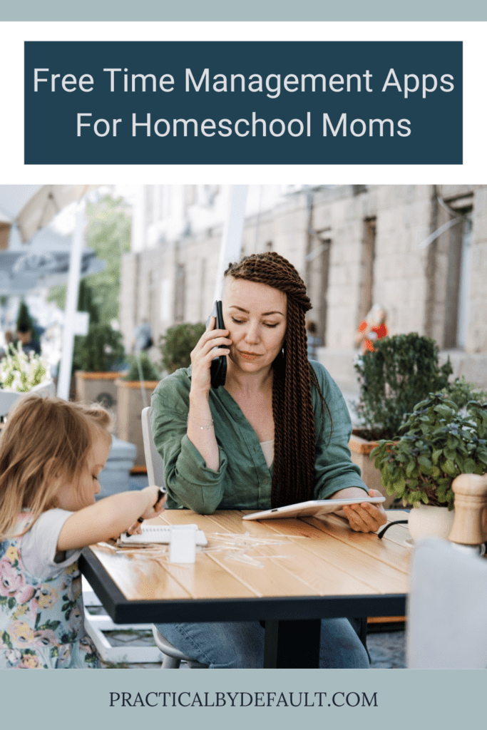 Mom sitting at a table talking on cell phone. Pin image for Free Time Management Apps For Homeschool Moms