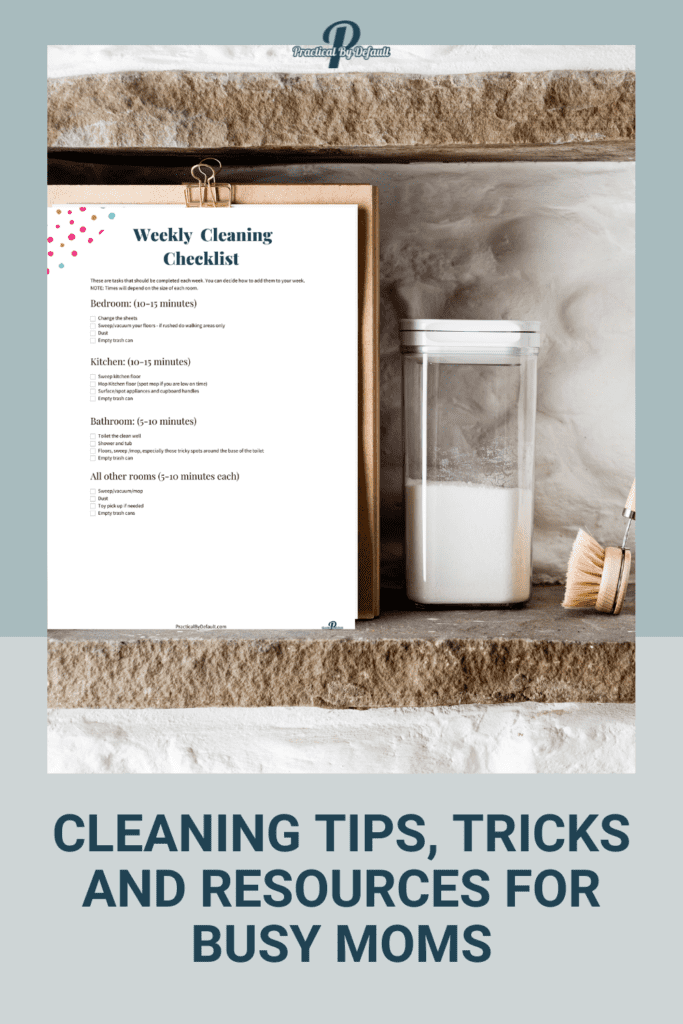 daily cleaning checklist on a shelf clipboard, cleaning tips, tricks and resources for busy moms