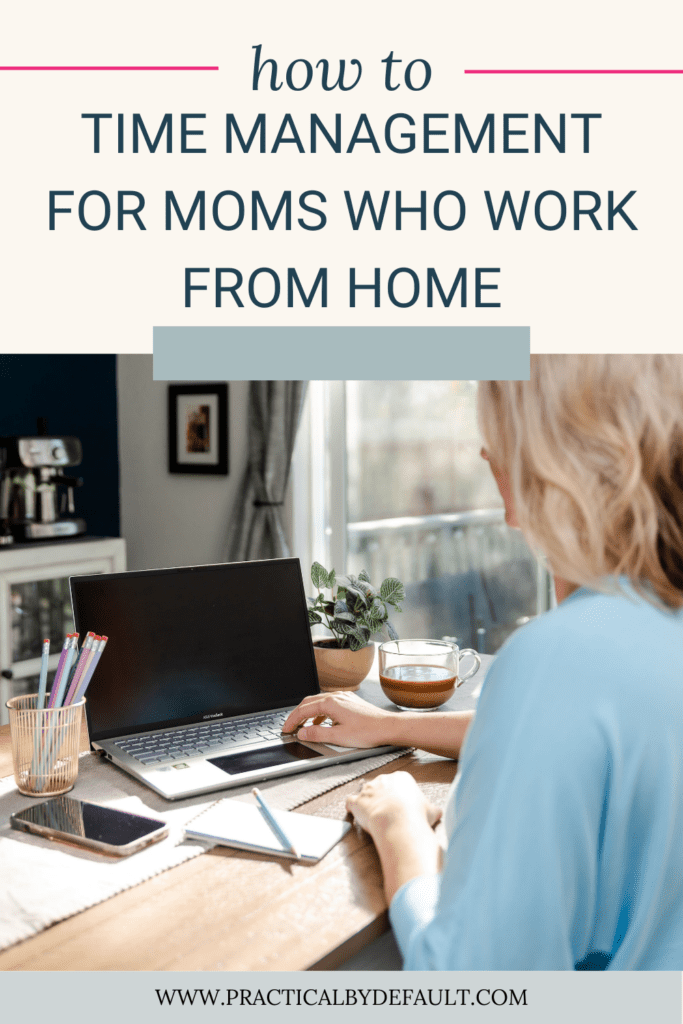 Blond Woman sitting at a desk working, cup of coffee. How To Time Management For Moms Who Work From Home 