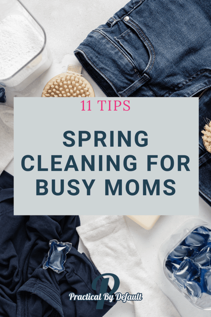11 Spring cleaning tips for busy moms, clothes and cleaner on a table