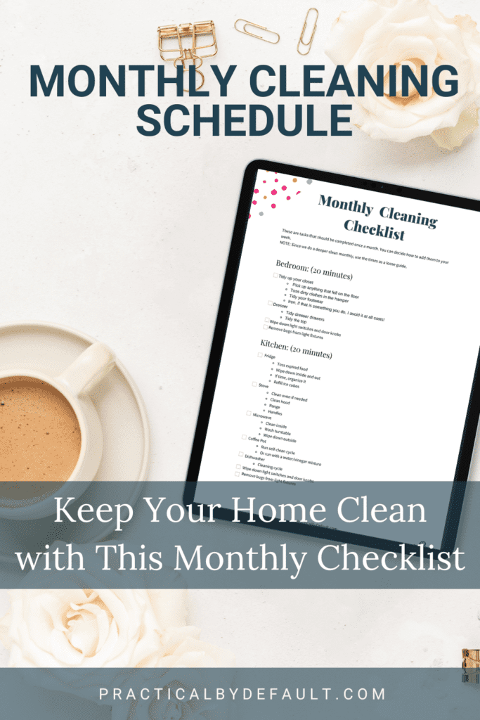 mock up of a cleaning schedule on a tablet, cup of coffee on table