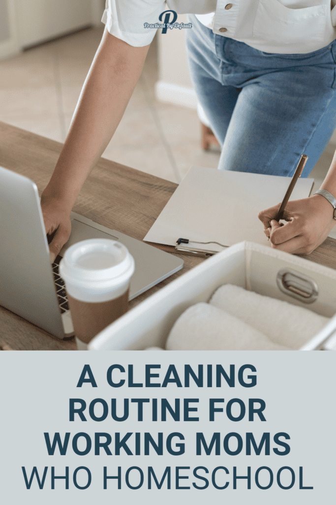 making a cleaning routine for working moms, counter with computer and cleaning tools