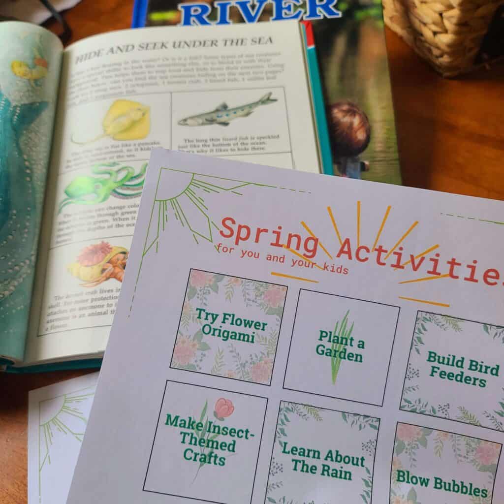 Spring printable for kids activities with books in the background