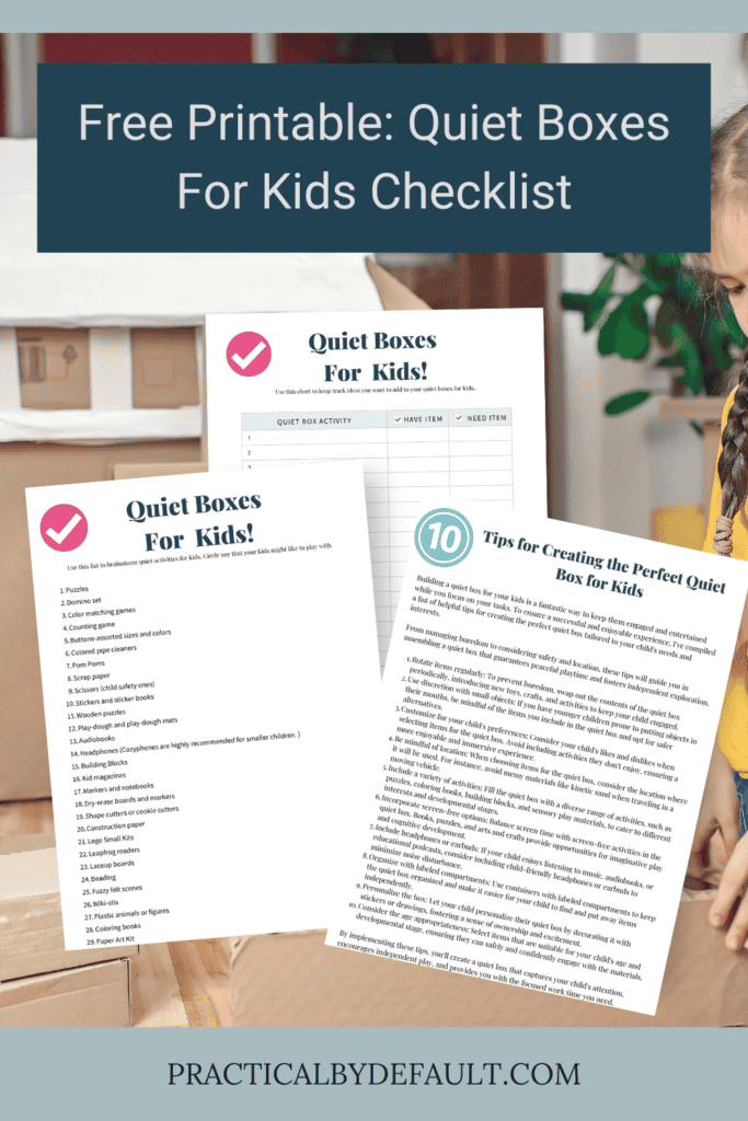 close up mock up of 3 pages inside the quiet boxes for kids checklist