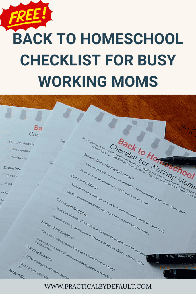Free printable back to homeschool checklist for working moms shown on a table