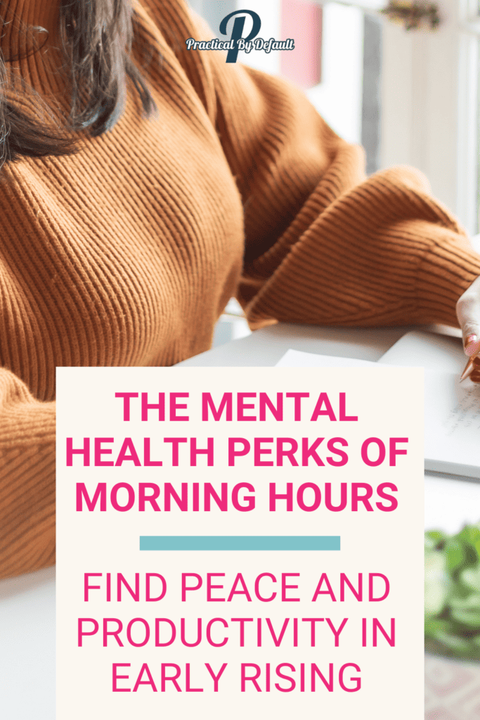 A pensive woman with a pen in hand, the text 'THE MENTAL HEALTH PERKS OF MORNING HOURS - Find Peace and Productivity in Early Rising' in bold pink and white font overlay, with a blurred plant in the background, representing a peaceful morning routine