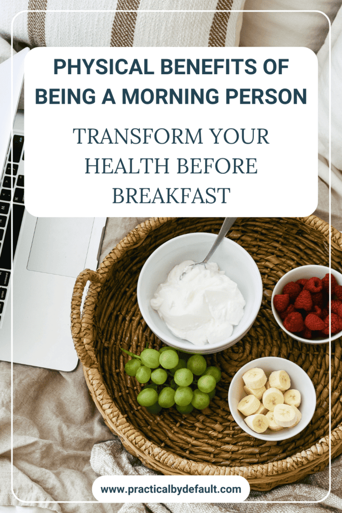 A healthy morning setup with a laptop, fresh fruits, yogurt, inviting readers to Transform Their Health Before Breakfast, highlighting the Physical Benefits of Being a Morning Person