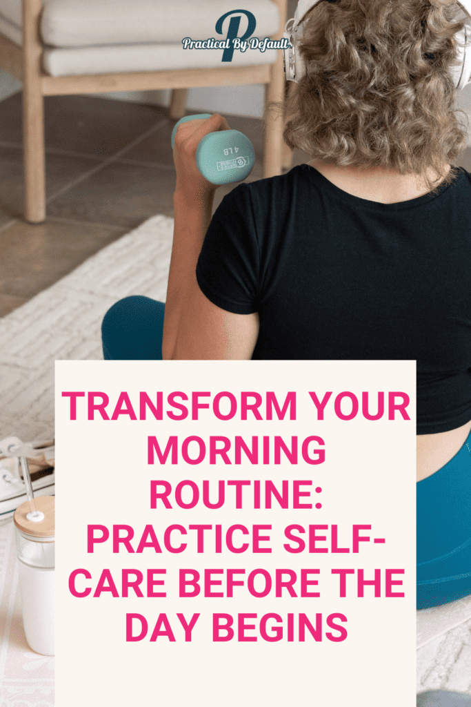 A woman sitting on a yoga mat from behind, looking at a candle, with weights nearby, illustrating 'Transform Your Morning Routine: Practice Self-Care Before the Day Begins' with a website link below.