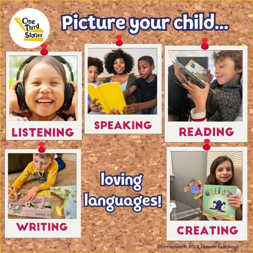 One Third Stories ad, children listening, speaking, reading, writing and creating loving languages. 