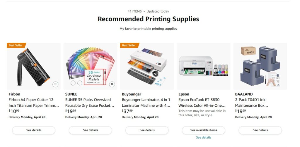 Amazon storefont list of recommended printing supplies for how to print printables