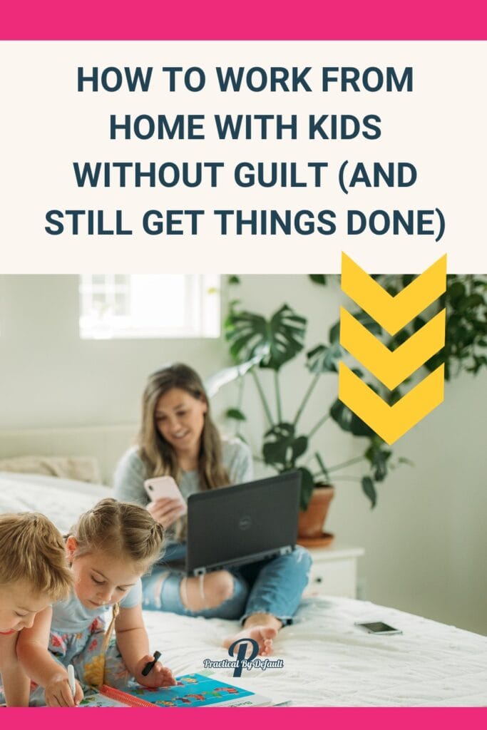 Mom smiles while working on her laptop as her kids color quietly nearby, highlighting a productive work-at-home setup. Work from home with kids without guilt