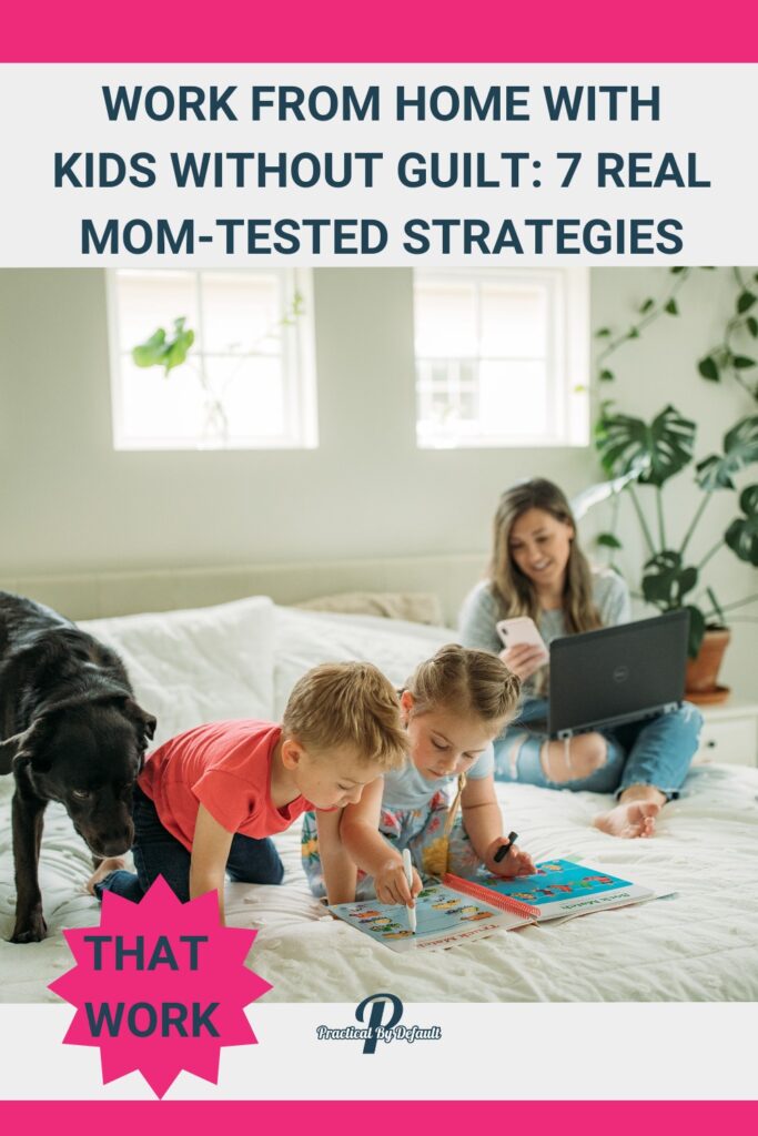 Mother working on her laptop while two young children draw on the bed next to her, with family dog watching.