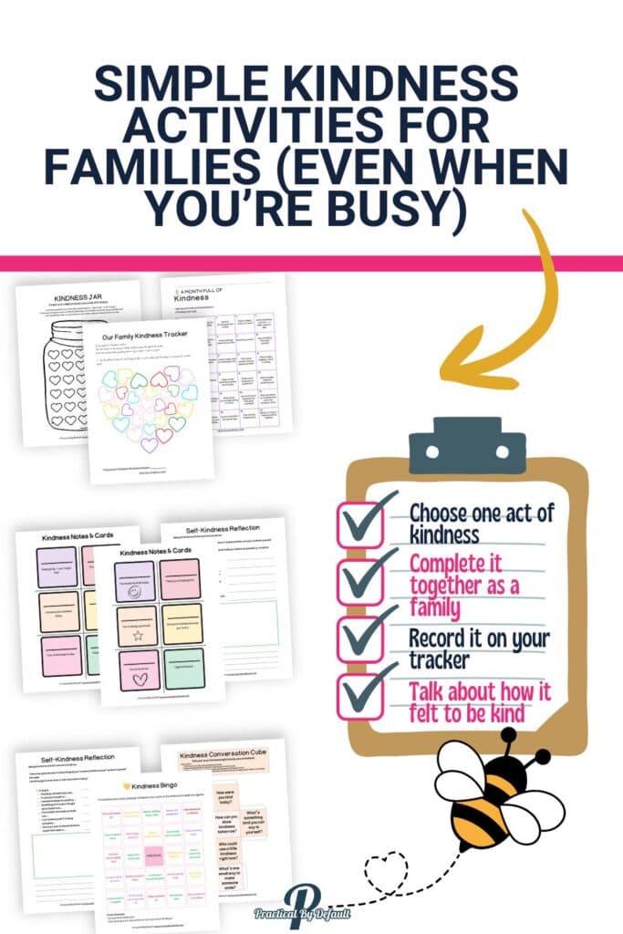 Graphic showing printable kindness activities and a clipboard checklist titled “Simple Kindness Activities for Families (Even When You’re Busy)” from Practical By Default.